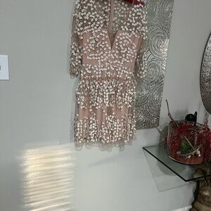 BCBGMaxAzria Blush Long Sleeve Dress with White Floral Accents